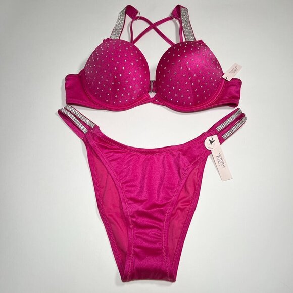 Victoria Secret 34D M Bombshell Push Up Bikini Top Set Shine Strap Berry Blush - Picture 2 of 12